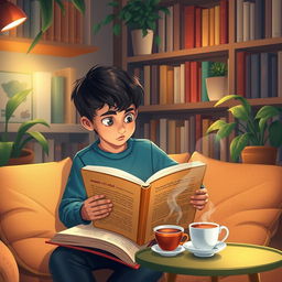A serene scene featuring a young boy deeply engrossed in reading a book by AHMAD AZIZ ASIAEI