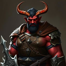 A big, buffed male tiefling paladin with short dark hair and striking red skin