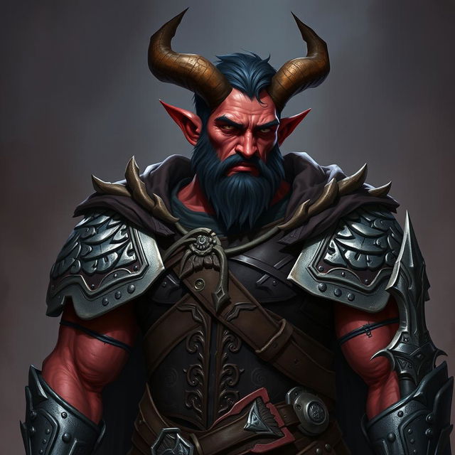 A big, buffed male tiefling paladin with short dark hair and striking red skin