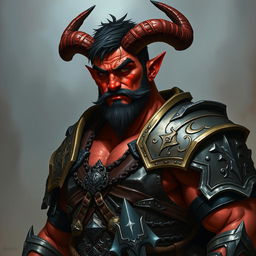 A big, buffed male tiefling paladin with short dark hair and striking red skin
