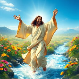 A joyful scene depicting Jesus dancing in a vibrant environment, surrounded by colorful flowers and flowing streams of water
