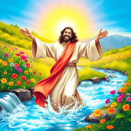 A joyful scene depicting Jesus dancing in a vibrant environment, surrounded by colorful flowers and flowing streams of water