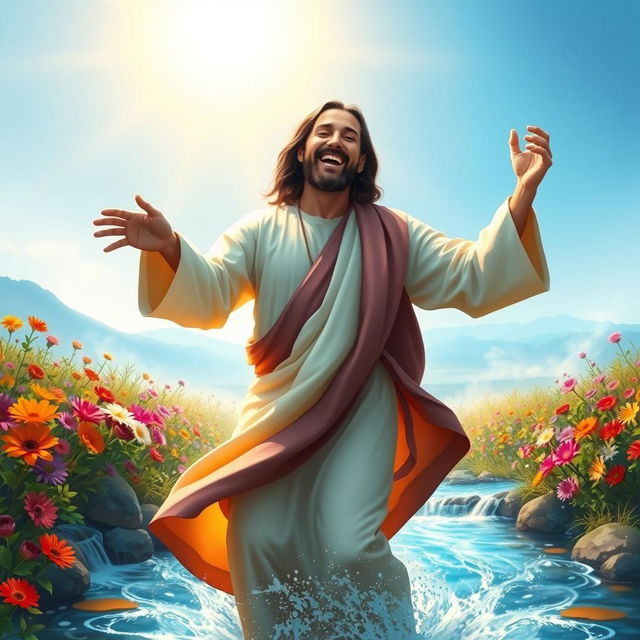 A joyful scene depicting Jesus dancing in a vibrant environment, surrounded by colorful flowers and flowing streams of water