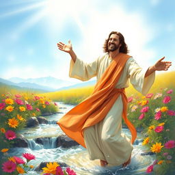 A joyful scene depicting Jesus dancing in a vibrant environment, surrounded by colorful flowers and flowing streams of water
