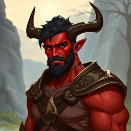 A big, buffed male tiefling paladin with short dark hair and striking red skin