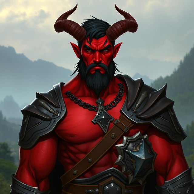 A big, buffed male tiefling paladin with short dark hair and striking red skin