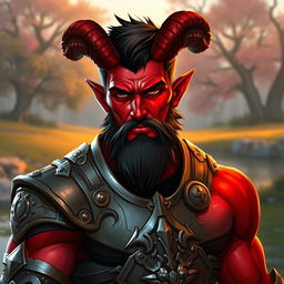 A big, buffed male tiefling paladin with short dark hair and striking red skin