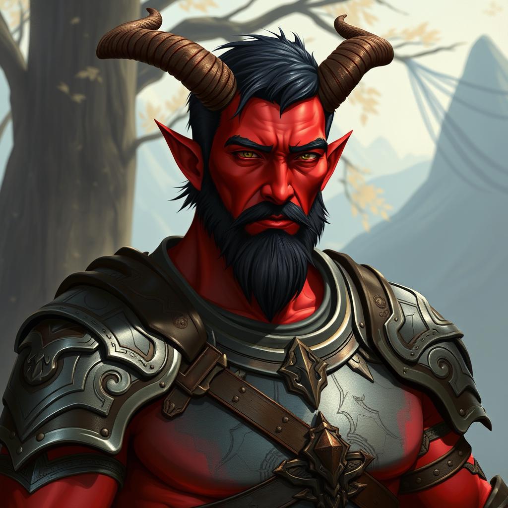 A big, buffed male tiefling paladin with short dark hair and striking red skin