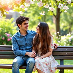 A young man and woman sitting on a park bench, enjoying each other's company