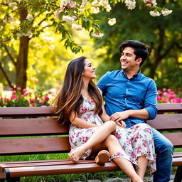 A young man and woman sitting on a park bench, enjoying each other's company