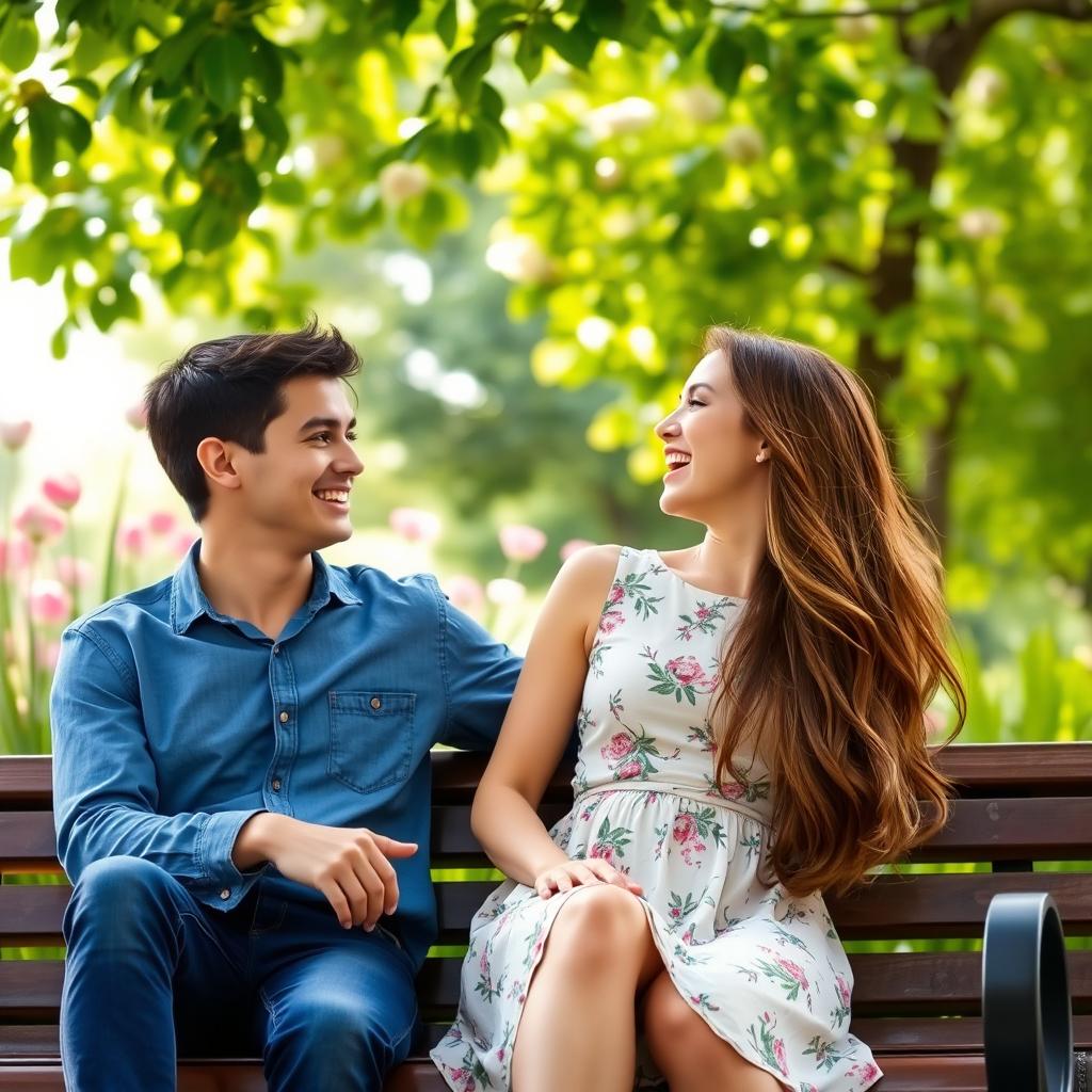 A young man and woman sitting on a park bench, enjoying each other's company