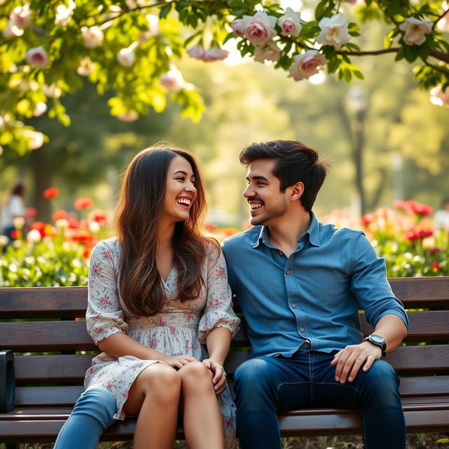 A young man and woman sitting on a park bench, enjoying each other's company