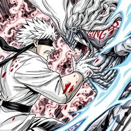 A dynamic scene depicting Gojo Satoru and Ging Freecss engaged in a fierce battle, showcasing their intense powers and abilities