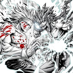 A dynamic scene depicting Gojo Satoru and Ging Freecss engaged in a fierce battle, showcasing their intense powers and abilities