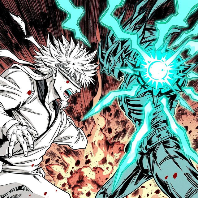 A dynamic scene depicting Gojo Satoru and Ging Freecss engaged in a fierce battle, showcasing their intense powers and abilities