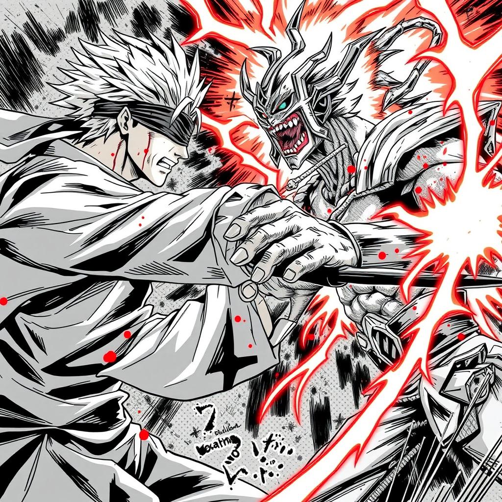 A dynamic scene depicting Gojo Satoru and Ging Freecss engaged in a fierce battle, showcasing their intense powers and abilities
