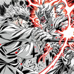 A dynamic scene depicting Gojo Satoru and Ging Freecss engaged in a fierce battle, showcasing their intense powers and abilities