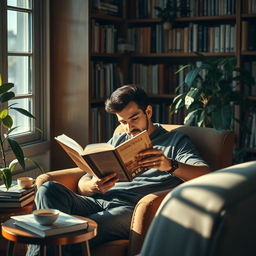 A serene scene featuring a man absorbed in reading a book by AHMAD AZIZ ASIAEI