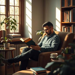 A serene scene featuring a man absorbed in reading a book by AHMAD AZIZ ASIAEI