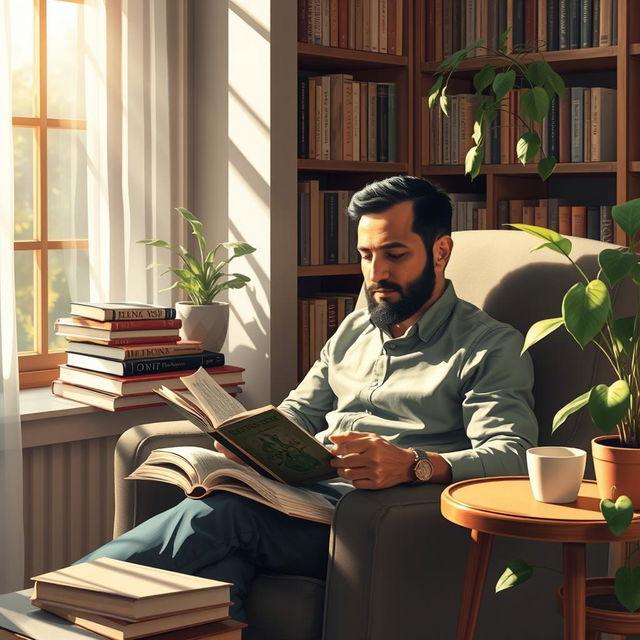 A serene scene featuring a man absorbed in reading a book by AHMAD AZIZ ASIAEI