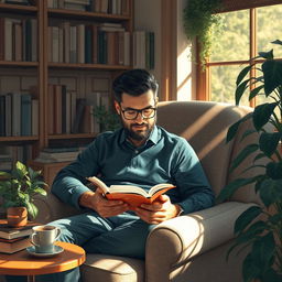 A serene scene featuring a man absorbed in reading a book by AHMAD AZIZ ASIAEI