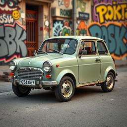 A quirky and humorous depiction of a low-quality compact car from Russia featuring round headlights on each side of its body