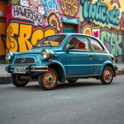 A quirky and humorous depiction of a low-quality compact car from Russia featuring round headlights on each side of its body