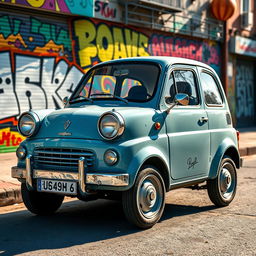 A quirky and humorous depiction of a low-quality compact car from Russia featuring round headlights on each side of its body