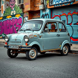 A quirky and humorous depiction of a low-quality compact car from Russia featuring round headlights on each side of its body