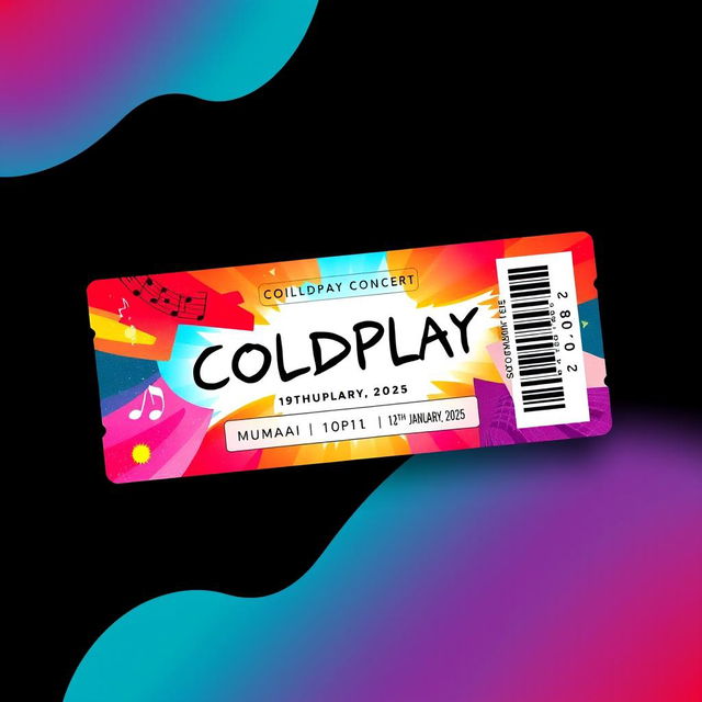 A beautifully designed concert ticket for a Coldplay event featuring a couple named Mehul and Deepika