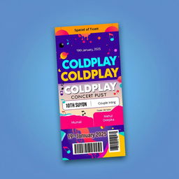 A beautifully designed concert ticket for a Coldplay event featuring a couple named Mehul and Deepika