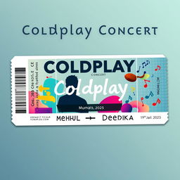 A beautifully designed concert ticket for a Coldplay event featuring a couple named Mehul and Deepika