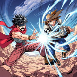 Gojo Satoru clashing with Ging Freecss in an epic manga-style battle