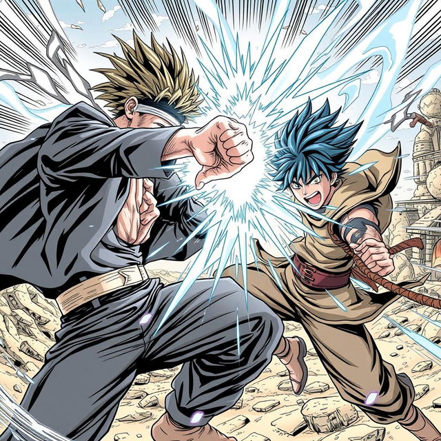 Gojo Satoru clashing with Ging Freecss in an epic manga-style battle