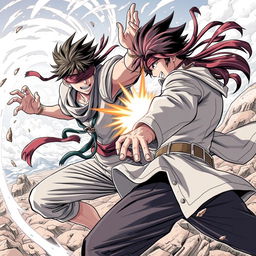 Gojo Satoru clashing with Ging Freecss in an epic manga-style battle