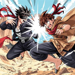 Gojo Satoru clashing with Ging Freecss in an epic manga-style battle