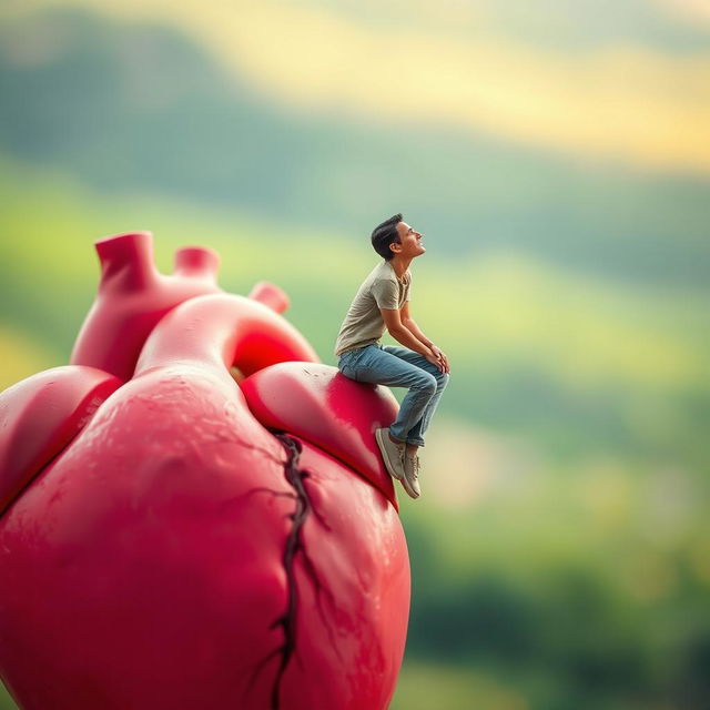 A human figure gracefully seated on the edge of a large, anatomically correct heart