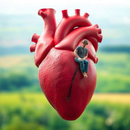 A human figure gracefully seated on the edge of a large, anatomically correct heart