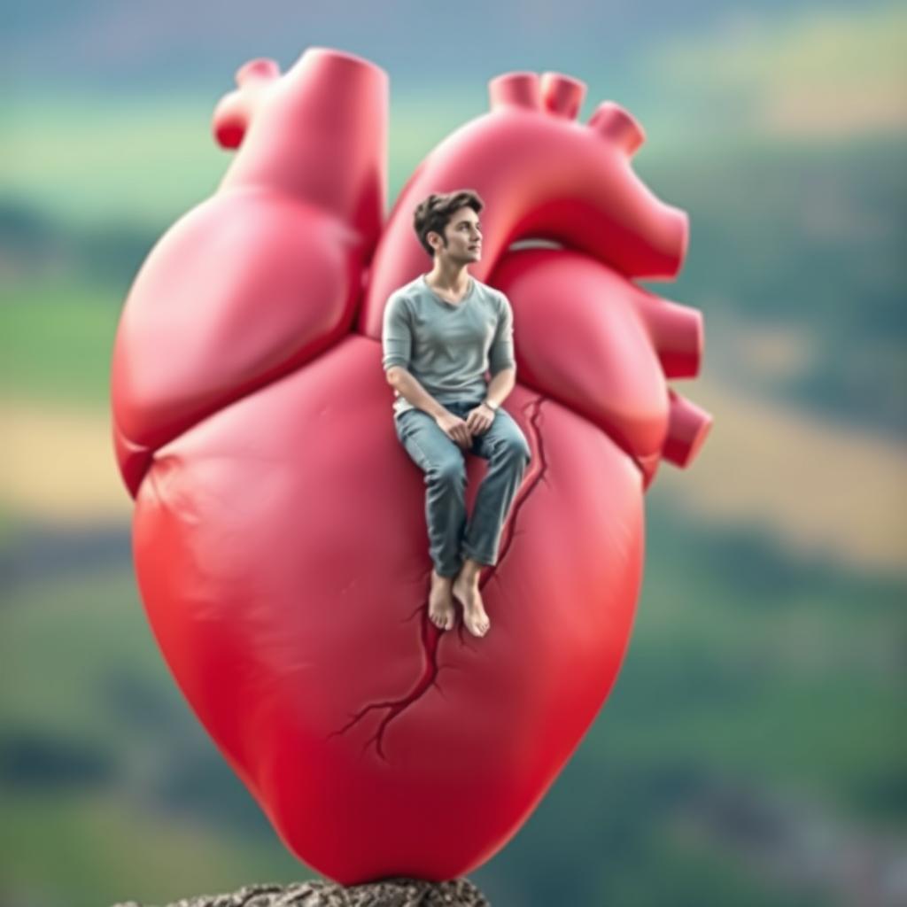 A human figure gracefully seated on the edge of a large, anatomically correct heart