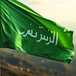 A vibrant green revolution flag with the name 'مارع الحرة' artistically displayed