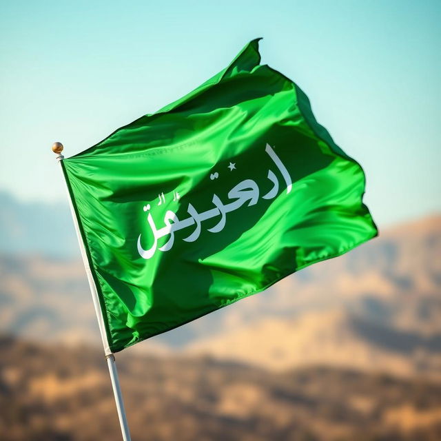 A vibrant green revolution flag with the name 'مارع الحرة' artistically displayed