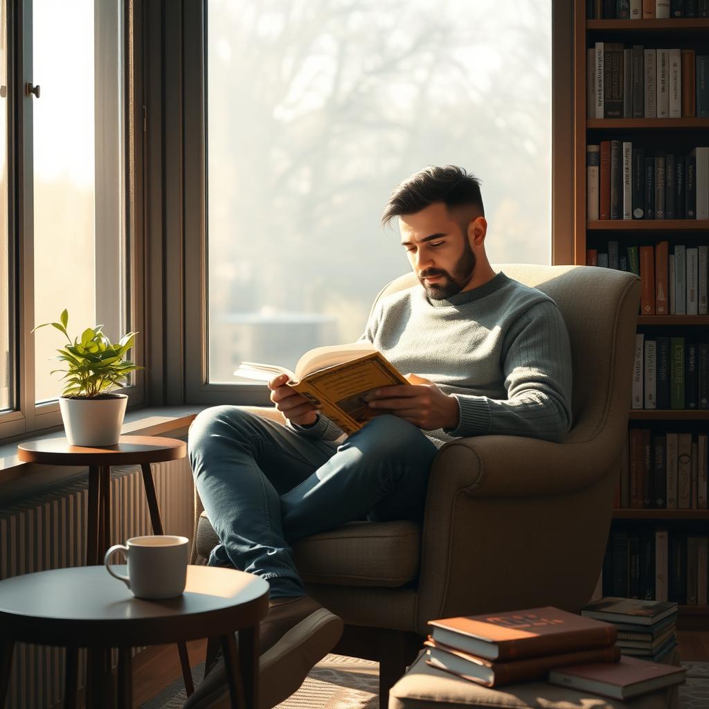 A tranquil scene depicting a man completely immersed in reading a book by AHMAD AZIZ ASIAEI