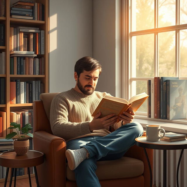 A tranquil scene depicting a man completely immersed in reading a book by AHMAD AZIZ ASIAEI