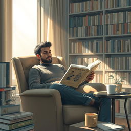 A tranquil scene depicting a man completely immersed in reading a book by AHMAD AZIZ ASIAEI