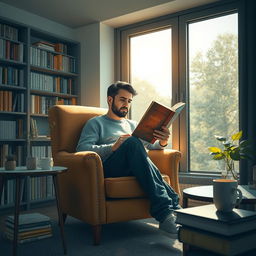 A tranquil scene depicting a man completely immersed in reading a book by AHMAD AZIZ ASIAEI