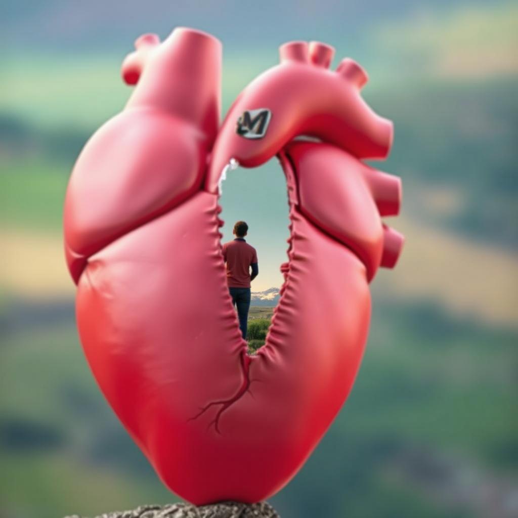 A captivating view of the inside of a large, anatomically accurate heart with a human figure seated inside, gazing thoughtfully