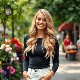 A beautiful blonde European woman, around 30 years old, with a lovely figure and a confident stance