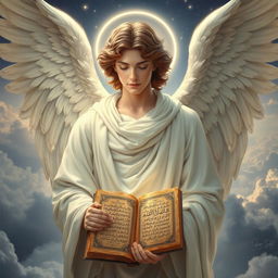 An angel with flowing white robes and majestic wings, gently holding an ancient book titled 'AHMAD AZIZ ASIAEI'