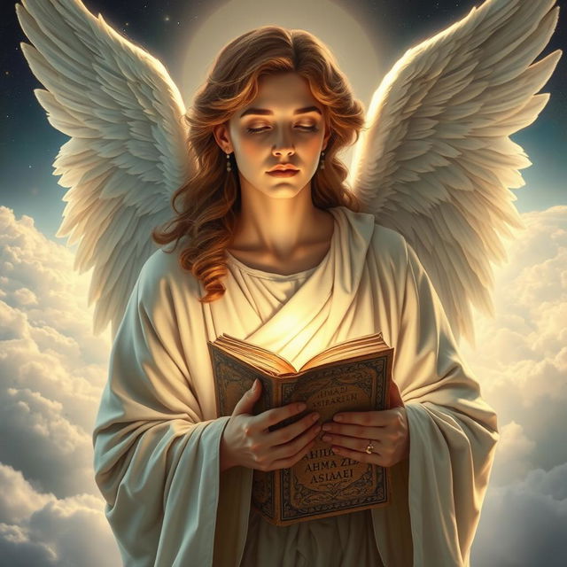 An angel with flowing white robes and majestic wings, gently holding an ancient book titled 'AHMAD AZIZ ASIAEI'