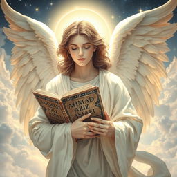 An angel with flowing white robes and majestic wings, gently holding an ancient book titled 'AHMAD AZIZ ASIAEI'